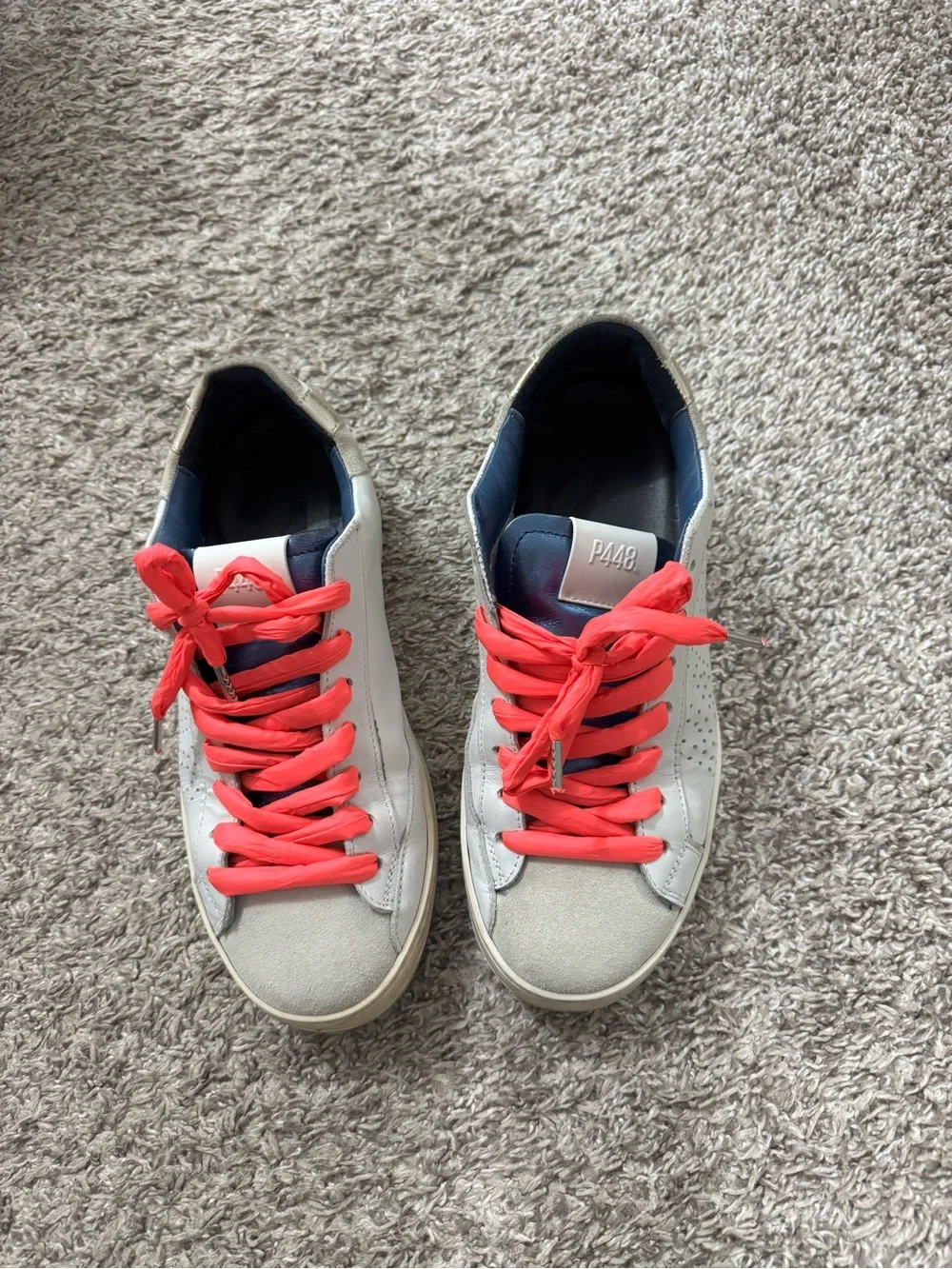 P448 White Leather Sneakers with Neon Pink Laces